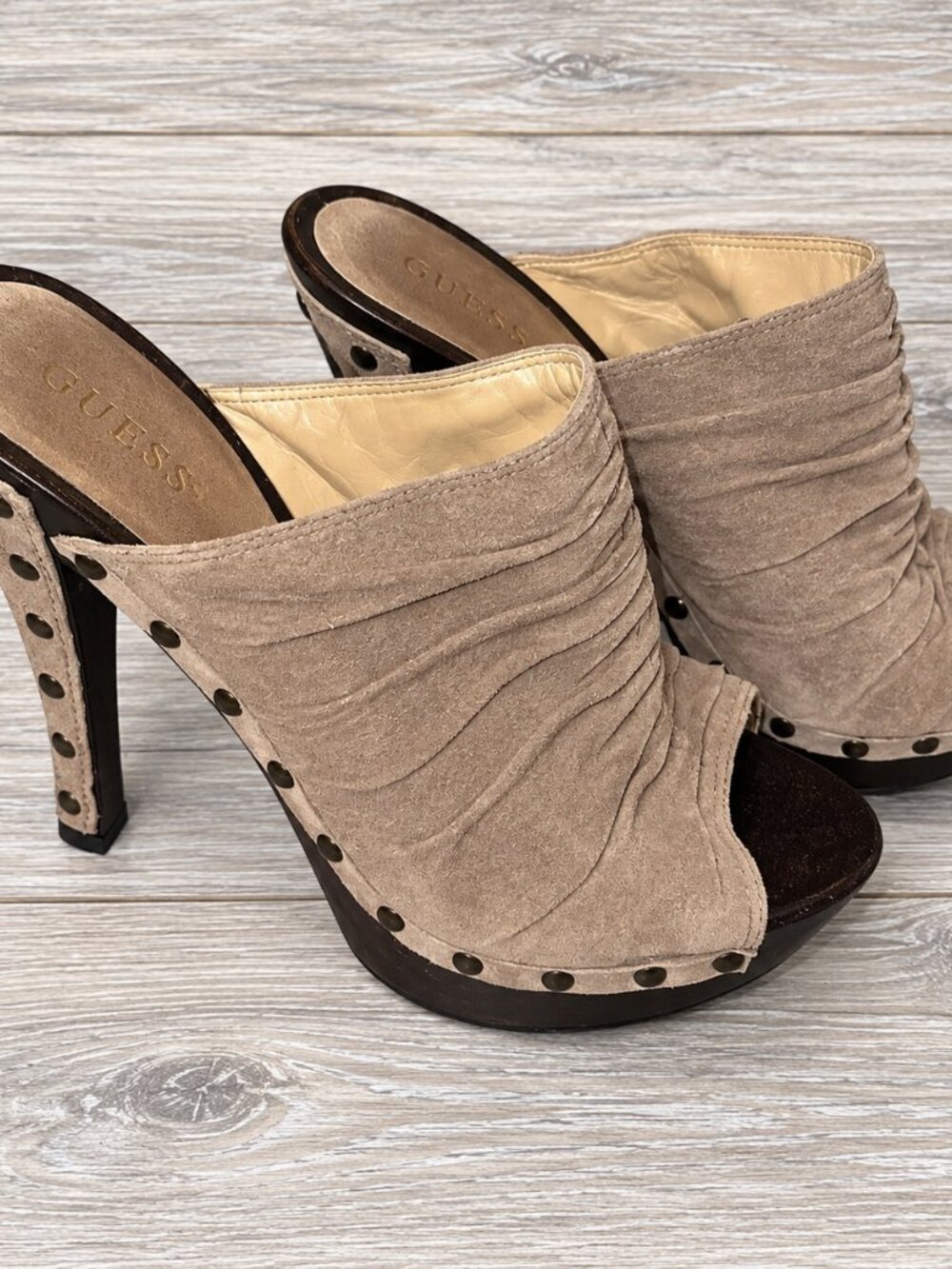 GUESS Taupe Suede Ruched Studded Peep Toe Mule Heels 7.5M